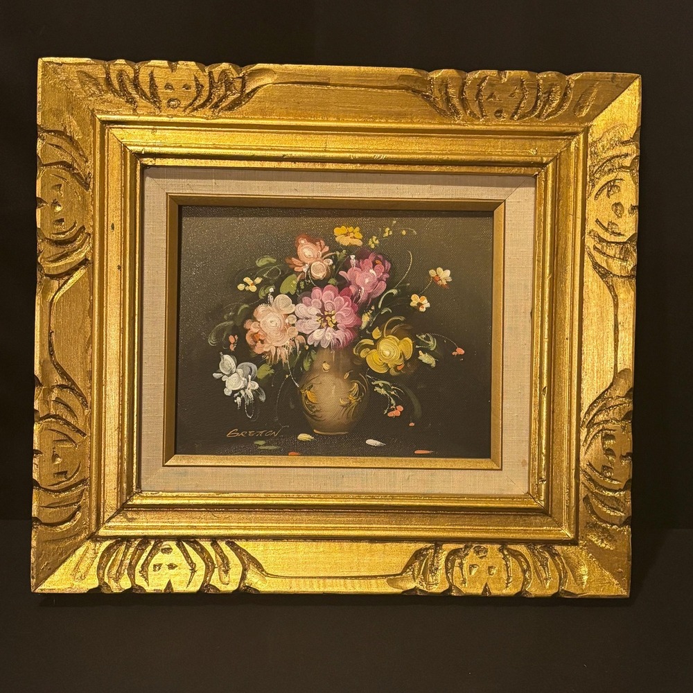 Vintage Floral Still Life Oil Painting, Ornate Gold Frame